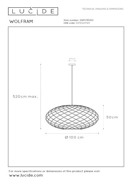 Lucide WOLFRAM - Hanglamp - Ø 100 cm - 3xE27 - Mat Goud / Messing - technisch